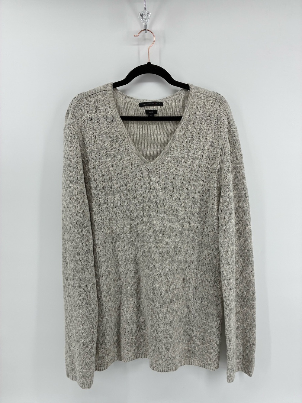 John Varvatos 100% Linen Women's V-Neck Cable Knit Sweater - Light Taupe
